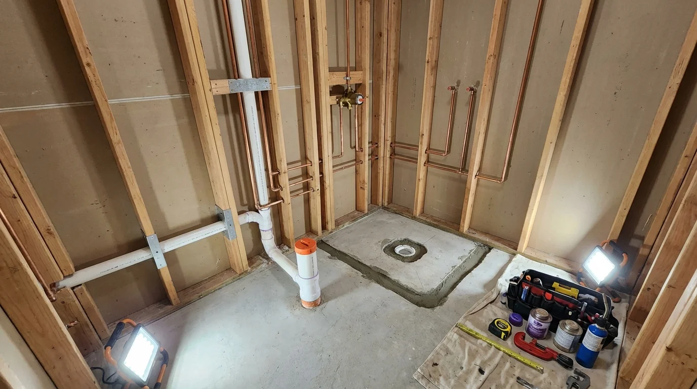 Bathroom rough-in plumbing during remodel by Johns Plumbing LLC in South Rockwood
