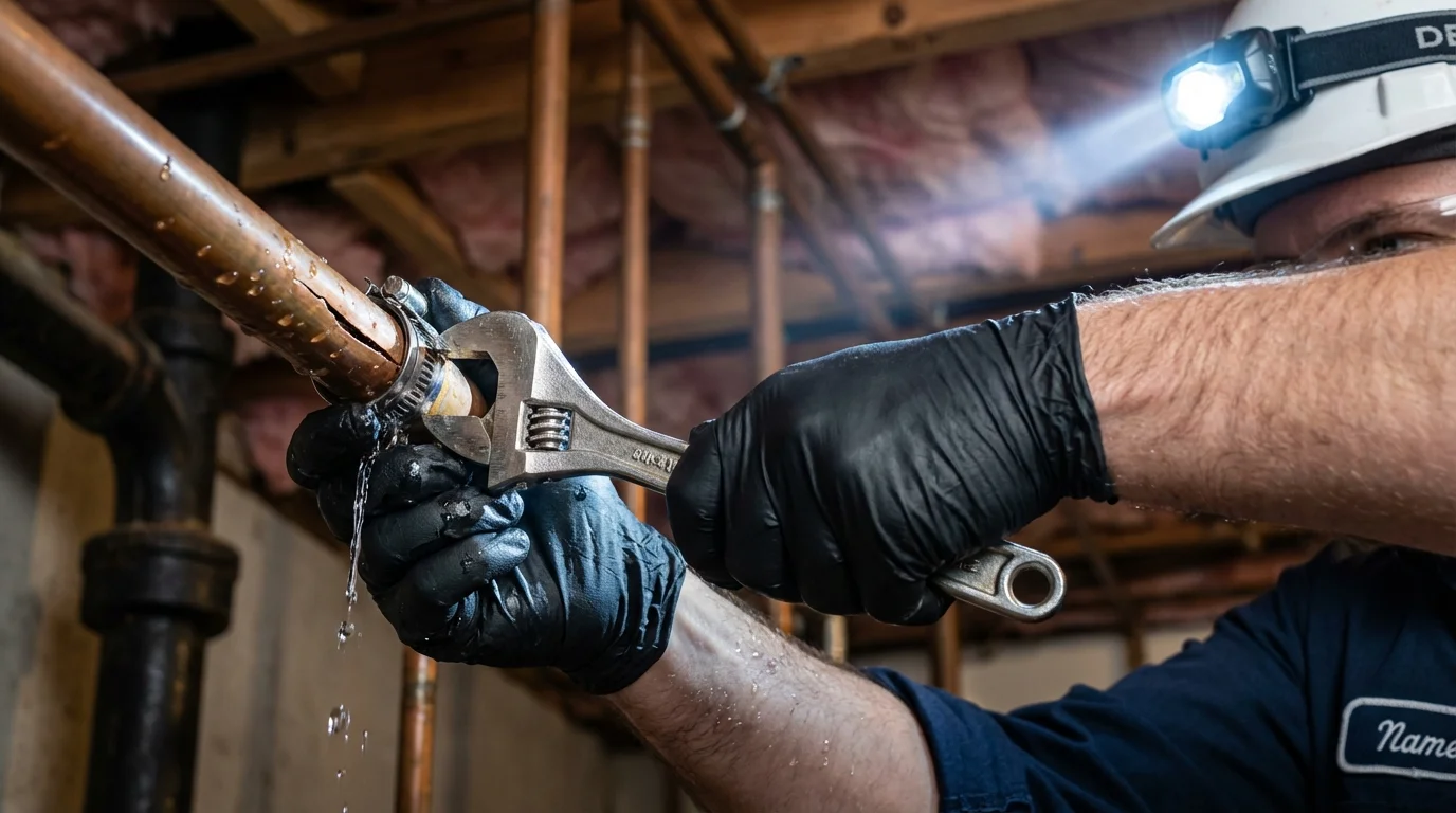 Emergency pipe clamp repair being performed by a Johns Plumbing LLC plumber in South Rockwood