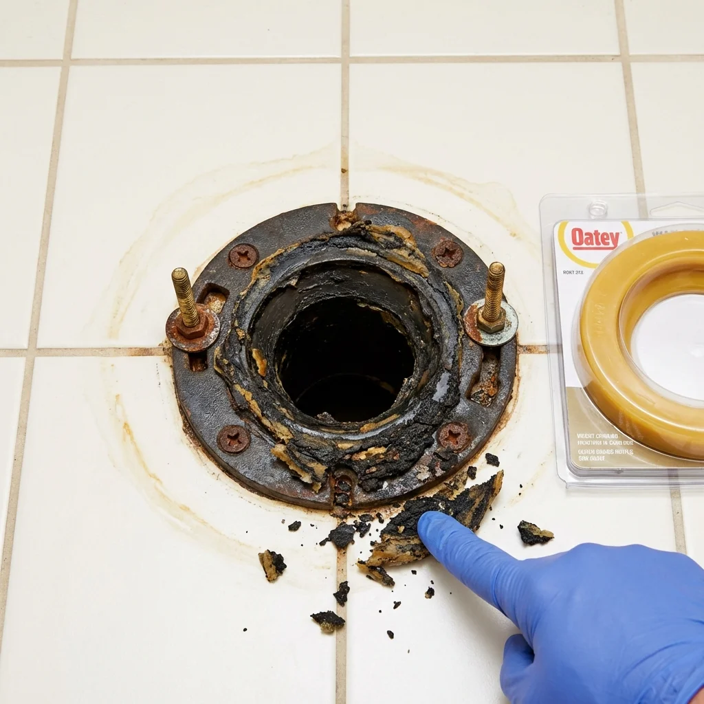 Failed wax ring showing water seepage at the base of a toilet in a South Rockwood, MI home