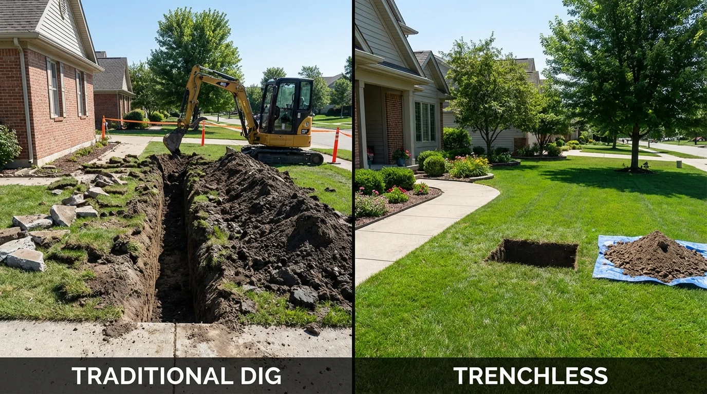 Trenchless sewer repair with minimal yard damage versus traditional excavation in South Rockwood, MI