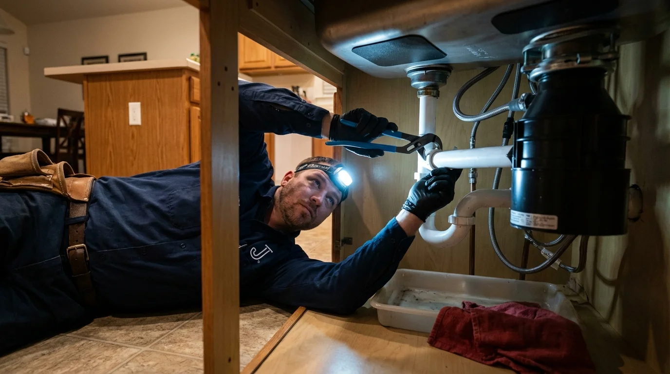 P-trap and supply line connections under a kitchen sink showing a common leak point in South Rockwood, MI